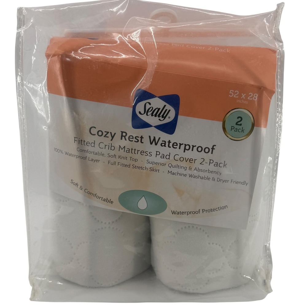 Sealy Cozy Rest Waterproof Fitted Crib Mattress Pad Cover 2-Pack White NEW